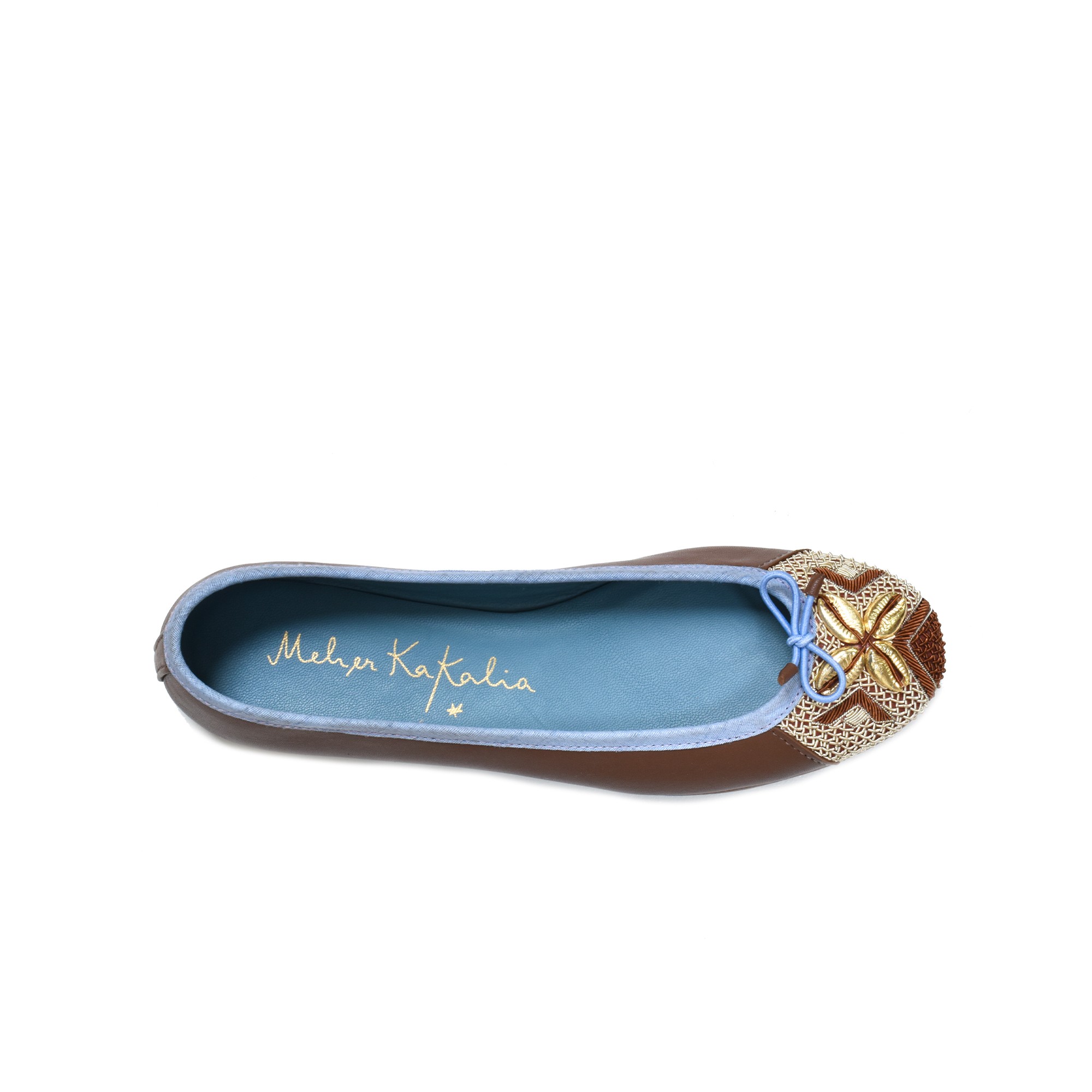 Meher Kakalia Brown BIZI Ballet with Bodrum Shell coil embroidery and blue trim