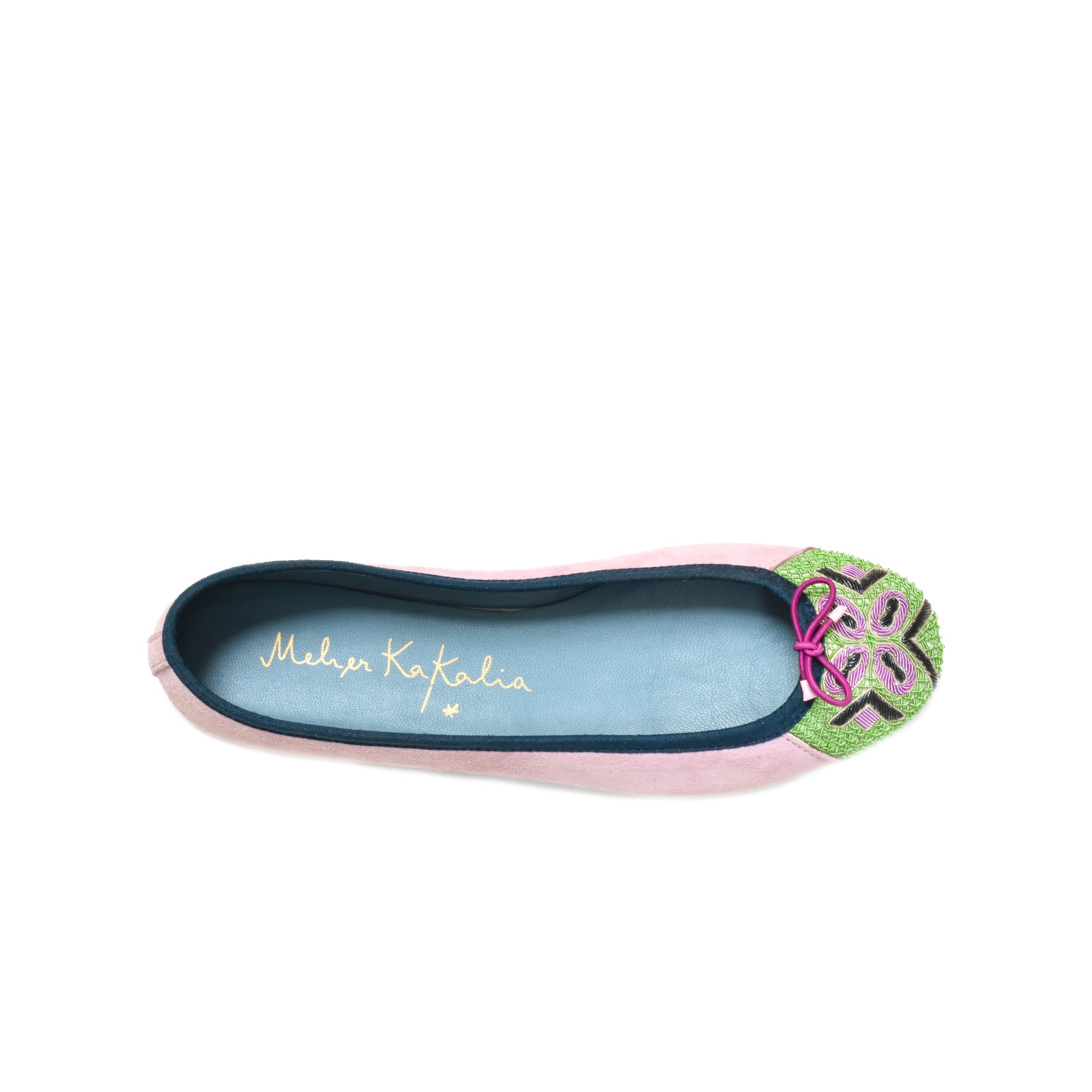 Meher Kakalia Lilac suede ballet flat with a green and pink embroidered toe and deep blue trim