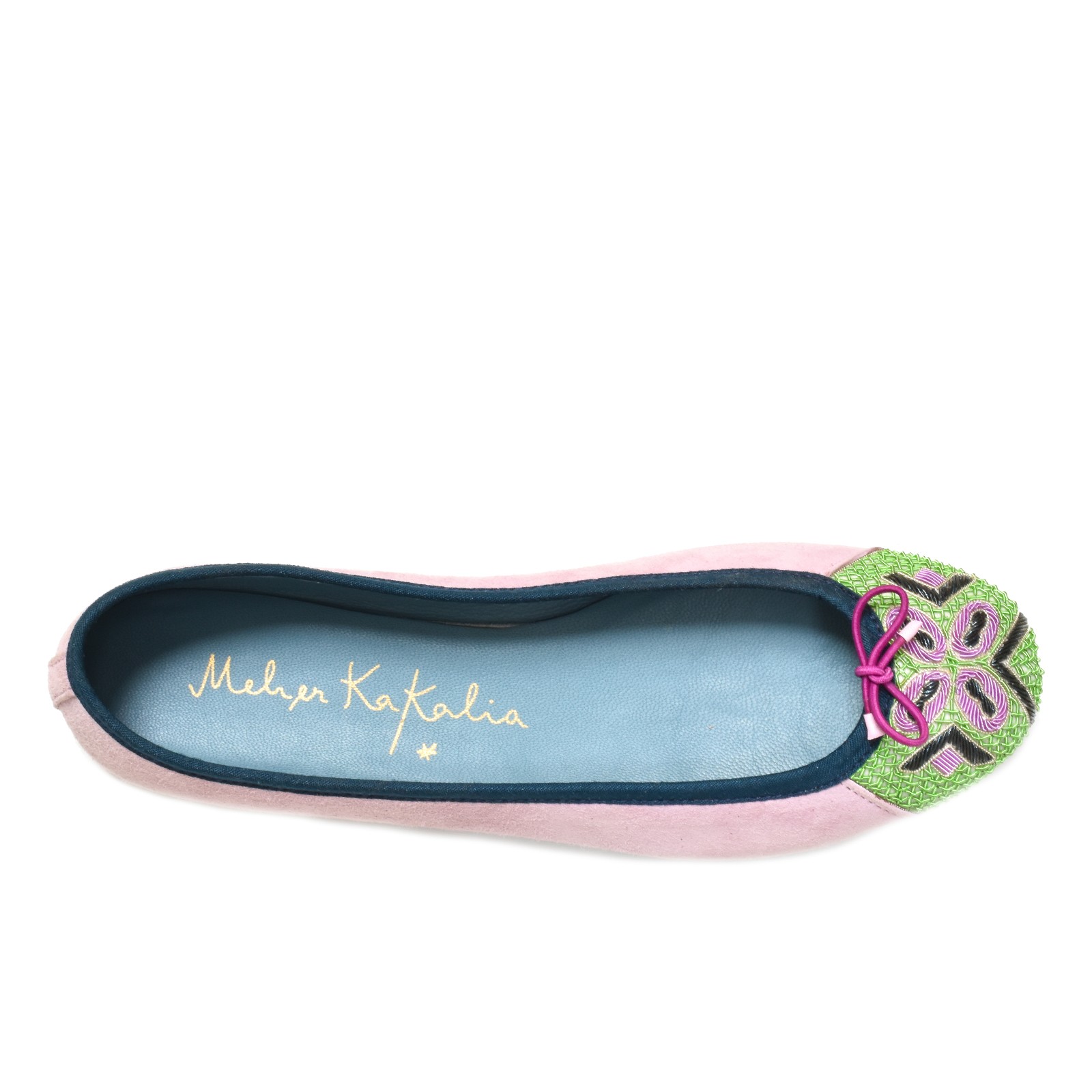 Lilac suede ballet flat with a green and pink embroidered toe and deep blue trim
