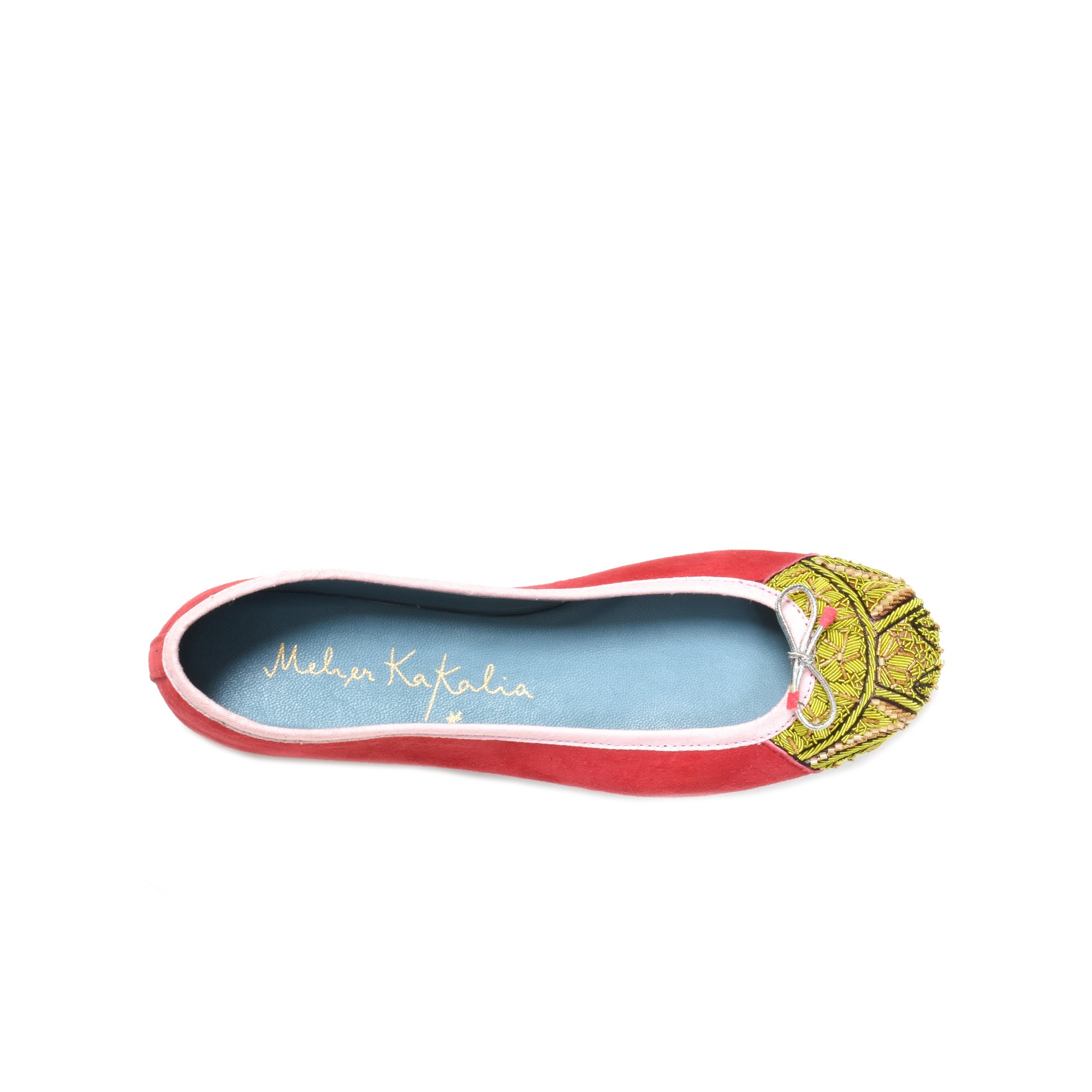 Meher Kakalia Raspberry suede ballet flat with a green embroidered toe and light bow