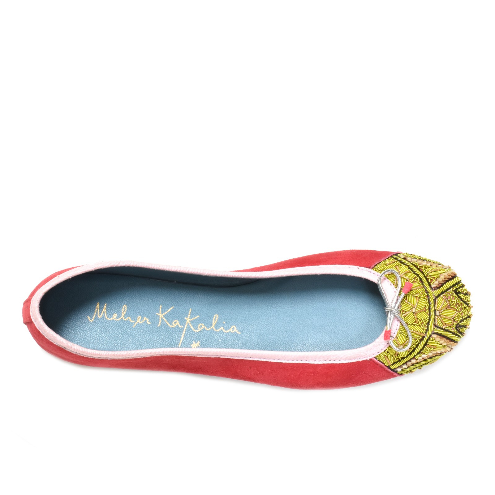 Raspberry suede ballet flat with a green embroidered toe and light bow