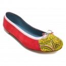 Meher KakaliaRaspberry suede ballet flat with blue trim and green embroidery on a leather sole