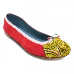 Raspberry suede ballet flat with blue trim and green embroidery on a leather sole