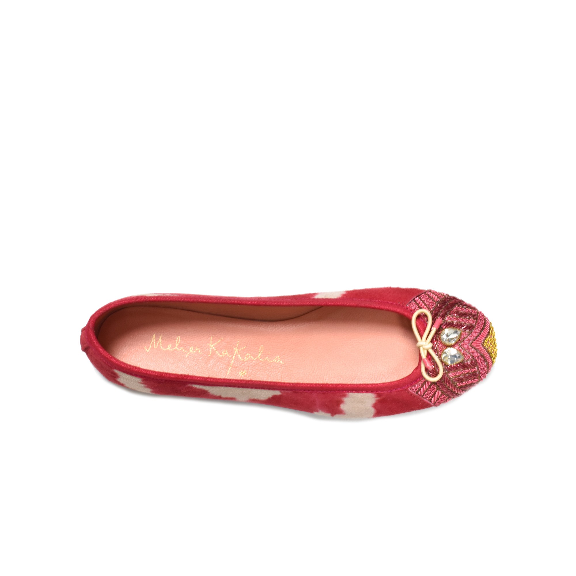Meher Kakalia Raspberry pink tie-dye BIZI Ballet flat with gold embroidery by Meher Kakalia