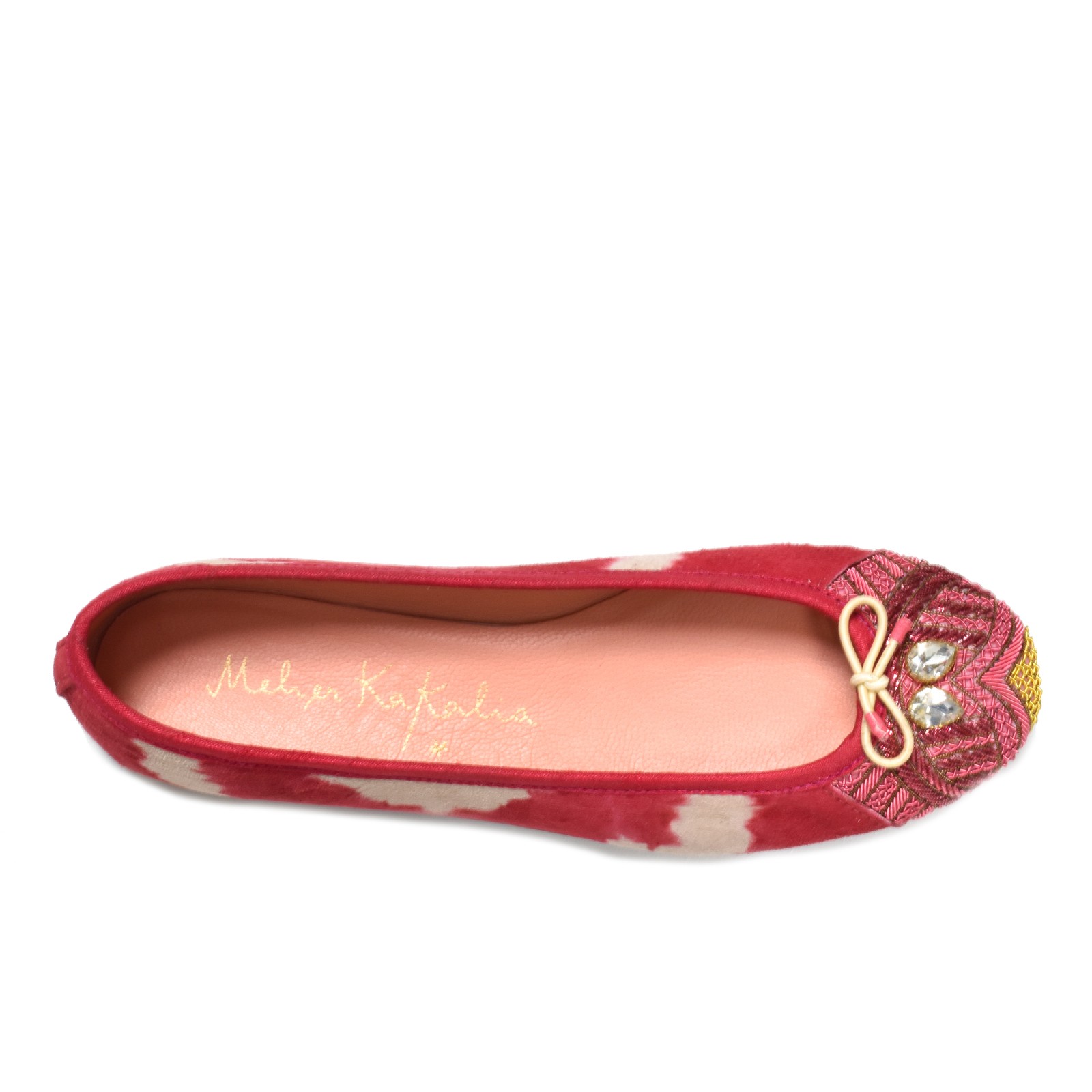 Raspberry pink tie-dye BIZI Ballet flat with gold embroidery by Meher Kakalia
