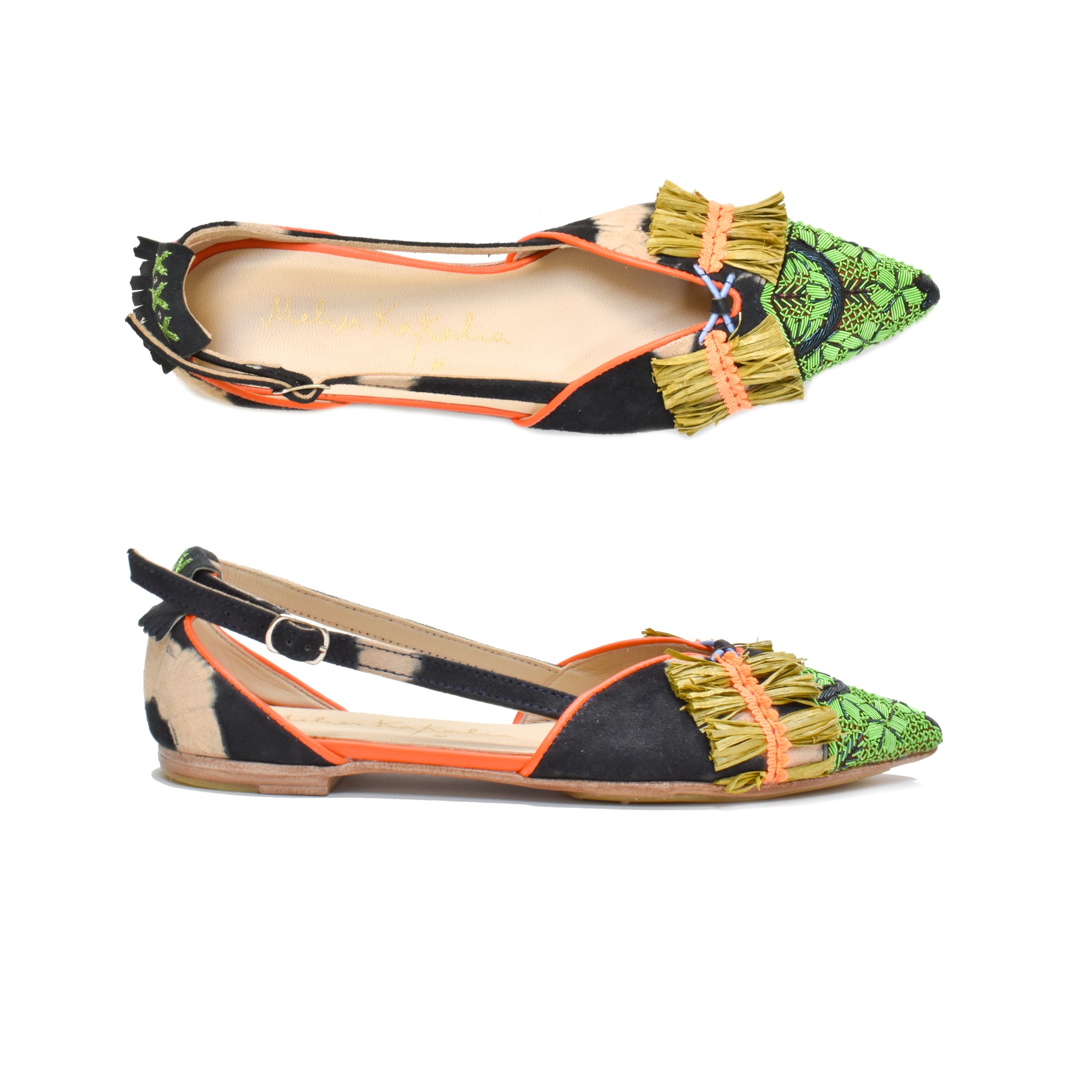 Meher Kakalia Greta Slingback sandals, handmade with suede leather and vibrant hand embroidery, featuring raffia detailing.