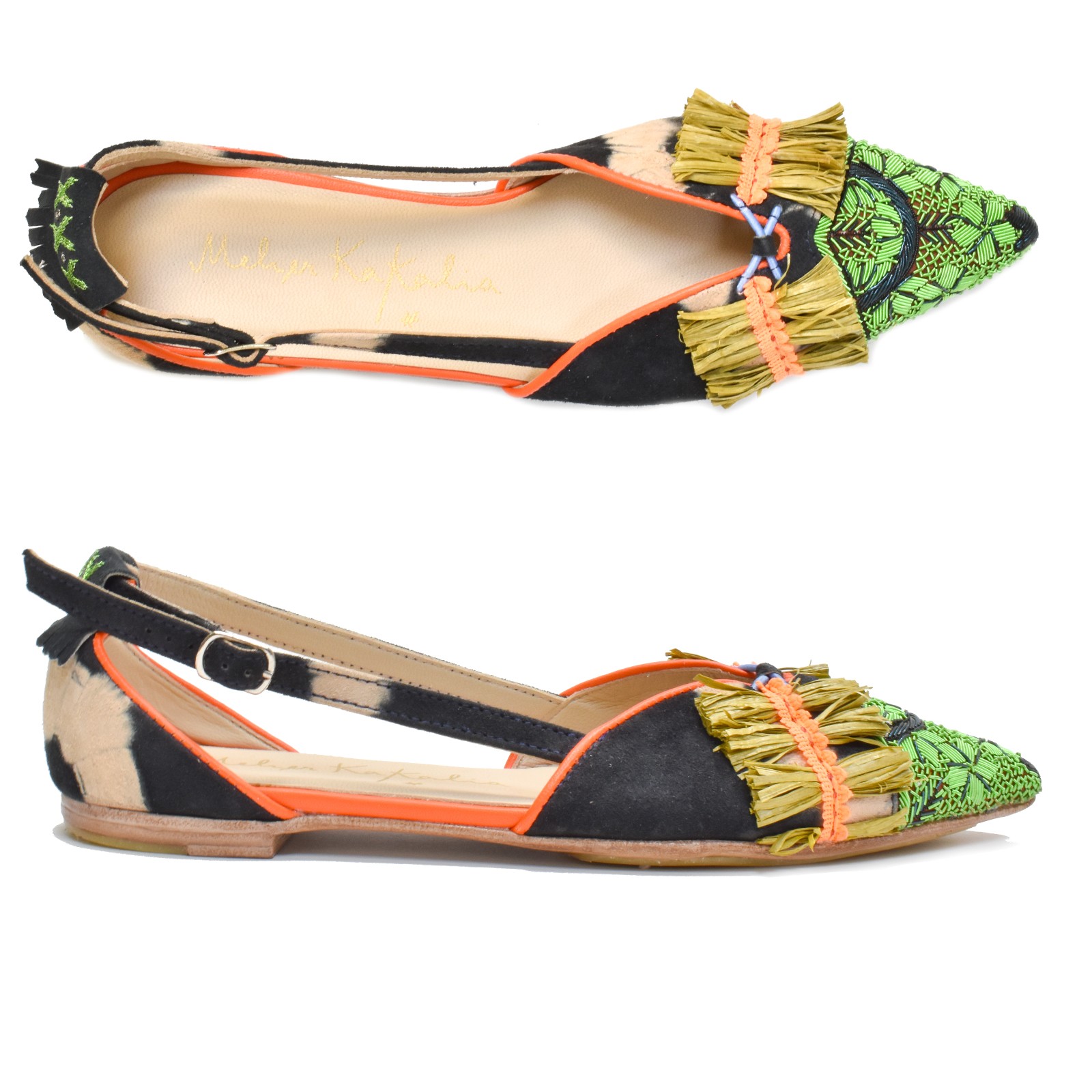 Greta Slingback sandals, handmade with suede leather and vibrant hand embroidery, featuring raffia detailing.