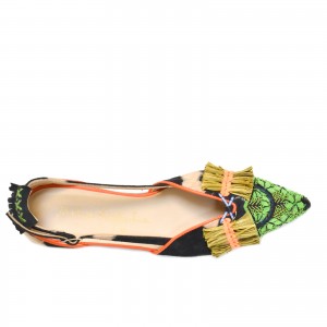 Elegant black and beige flats with green embroidery. Handcrafted by Meher Kakalia.
