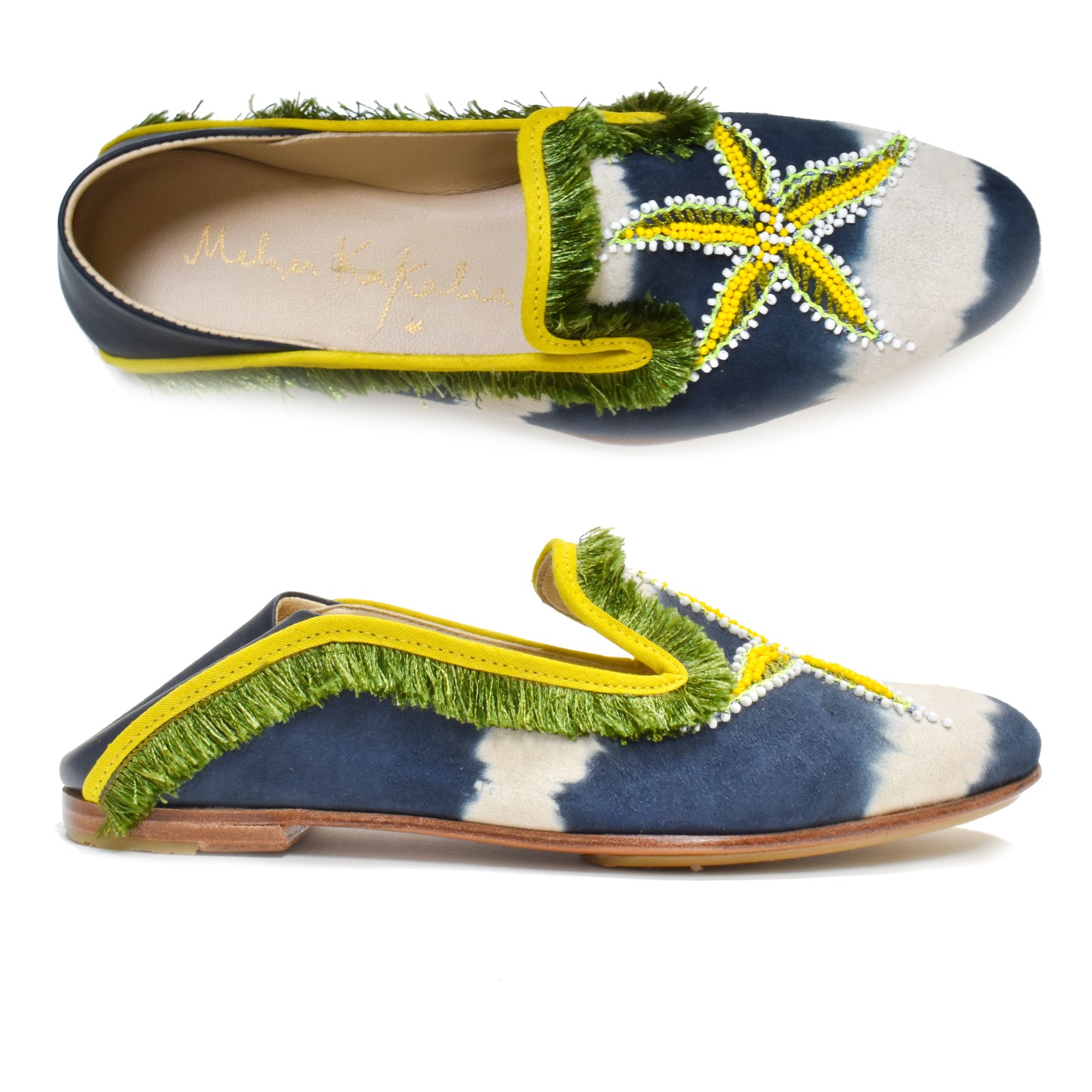 Mazu Moccasin, handmade with tie-dye suede leather and starfish embroidery, perfect for vacation strolls and evening wear.