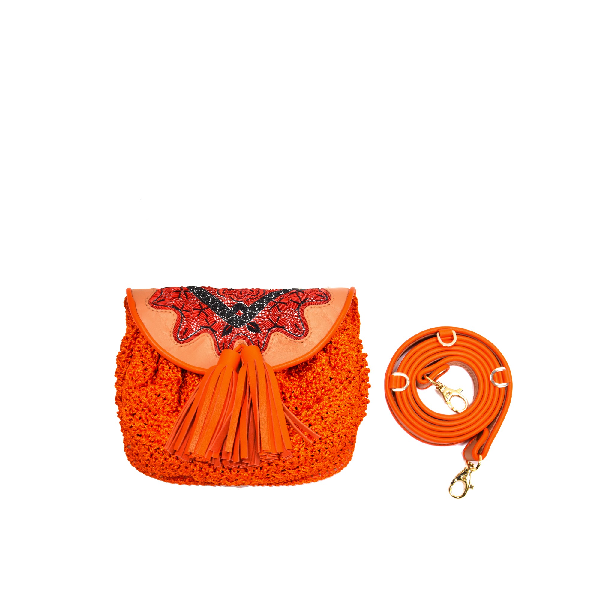 Meher Kakalia Meher Kakalia Mini Accordion Bag in biscuit and orange crochet, versatile for crossbody, belt, or shoulder wear.
