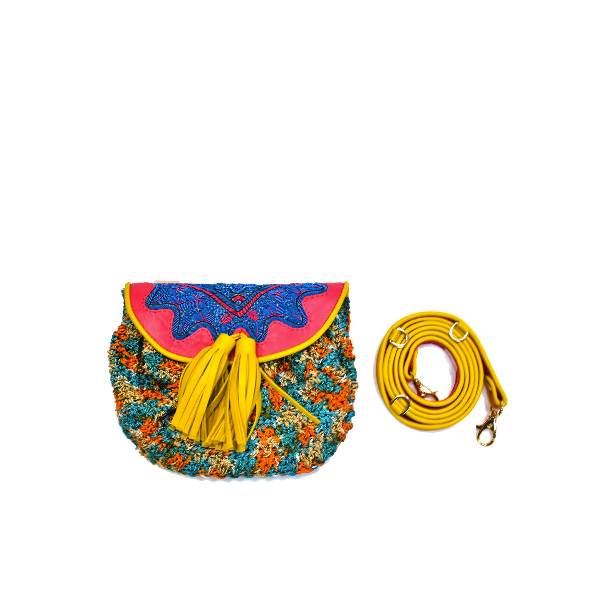 Meher Kakalia Meher Kakalia Bag with rainbow crochet, hand embroidery, and an adjustable strap for crossbody or belt bag styling.