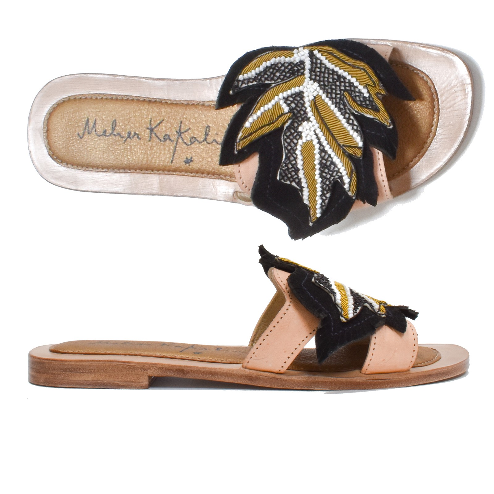 Meher Kakalia Palm Gobi Slide, handcrafted calf leather sandals with embroidered palm leaf motif in dapka technique.