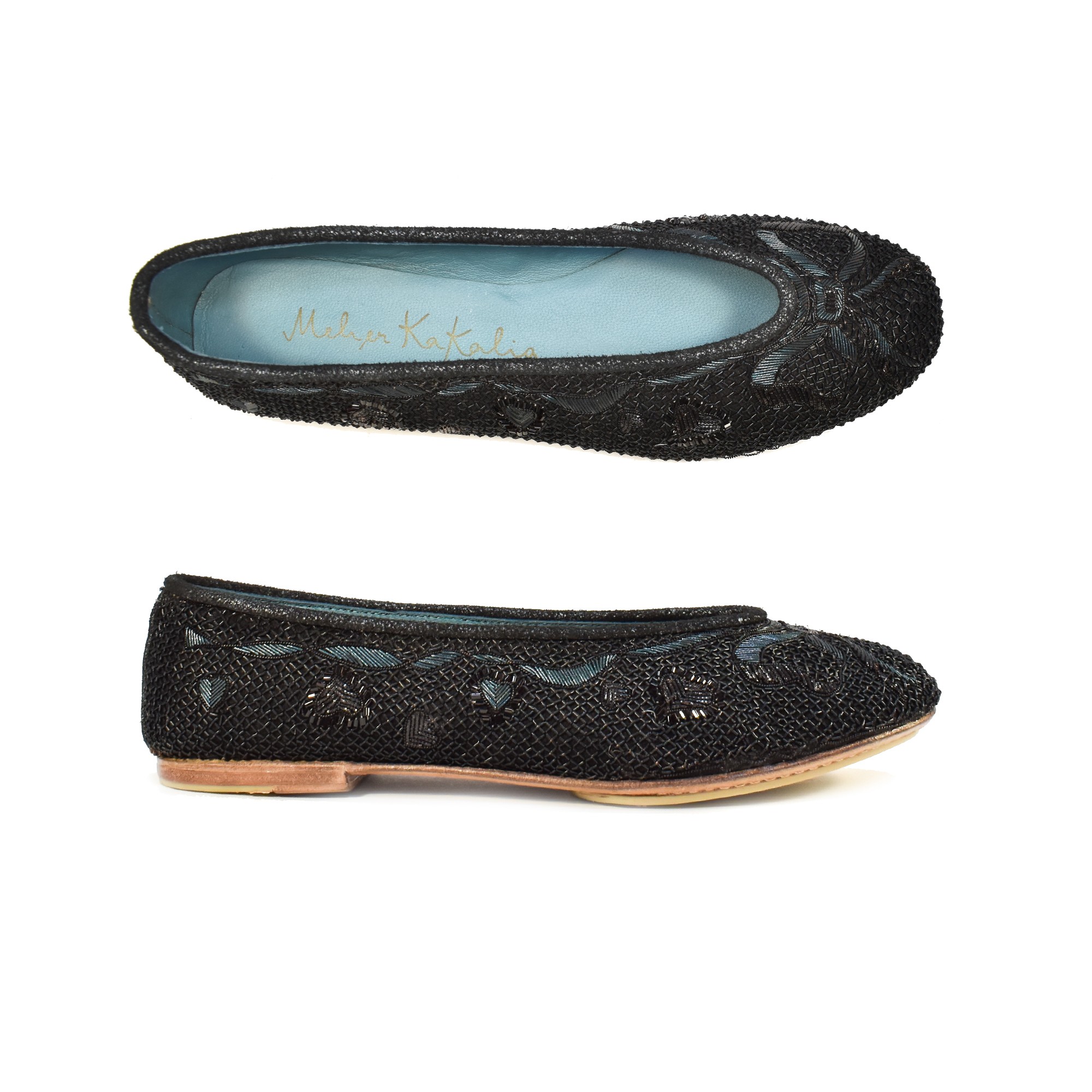 Meher Kakalia Black embroidered flats with metallic coil threadwork, designed for formal and elegant occasions.