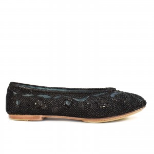 Side view of black embroidered ballet flats, designed with metallic coils, ideal for upscale events.