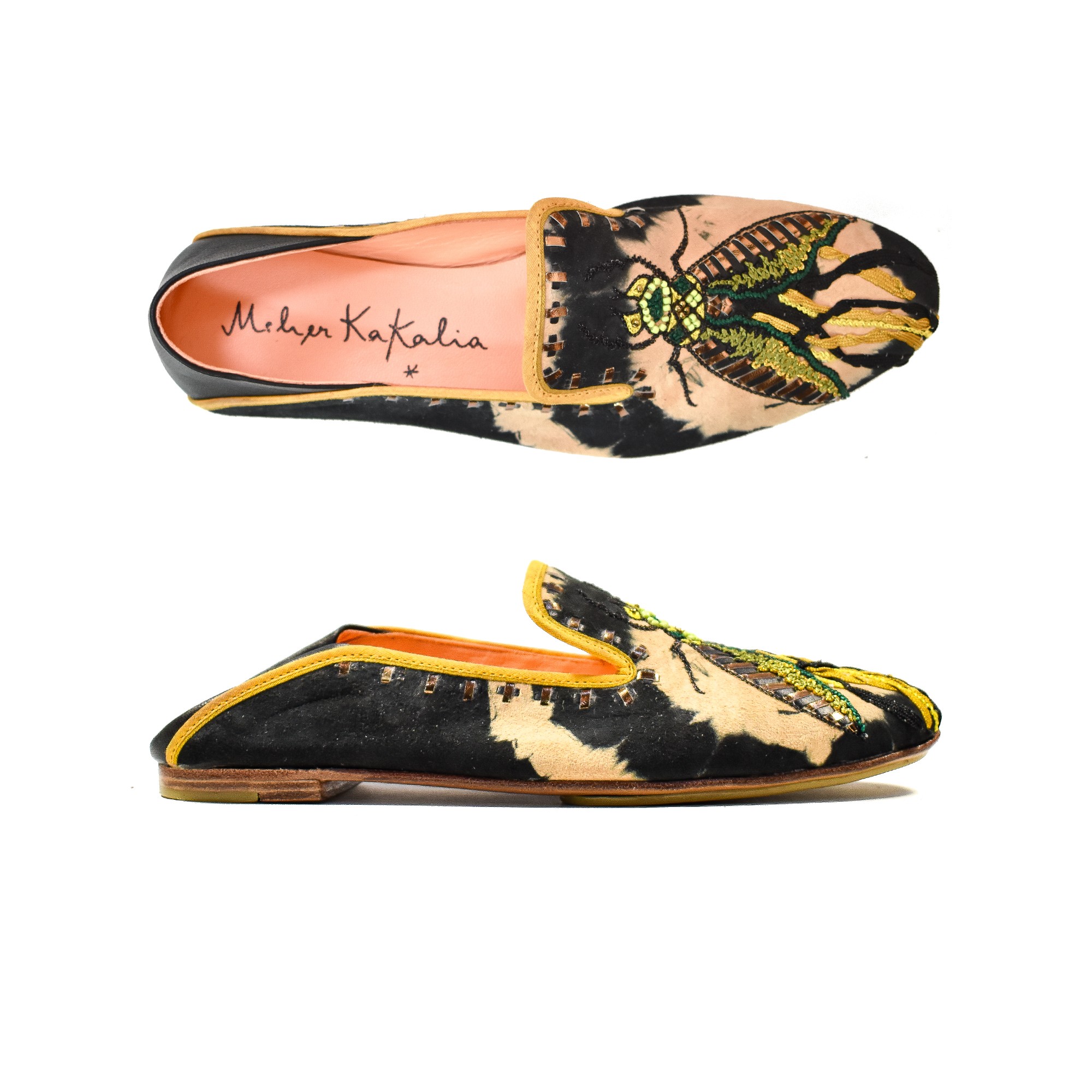 Meher Kakalia Meher Kakalia Moccasins in Black and Beige, handcrafted with eco-friendly tie-dye leather and elegant embroidery.
