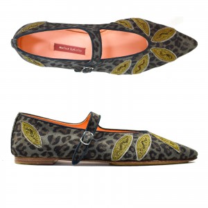 Close-up of the embroidered leaf pattern on Lulu Point leopard suede flats.