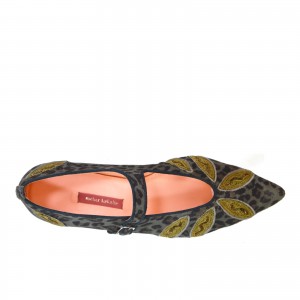 Meher Kakalia Lulu Point flats worn with cropped trousers, showing pointed shape and leaf embroidery.