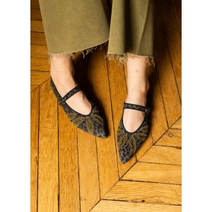 Meher Kakalia Lulu Point Mary Jane flats worn with cropped trousers, showing the pointed silhouette and leaf embroidery.