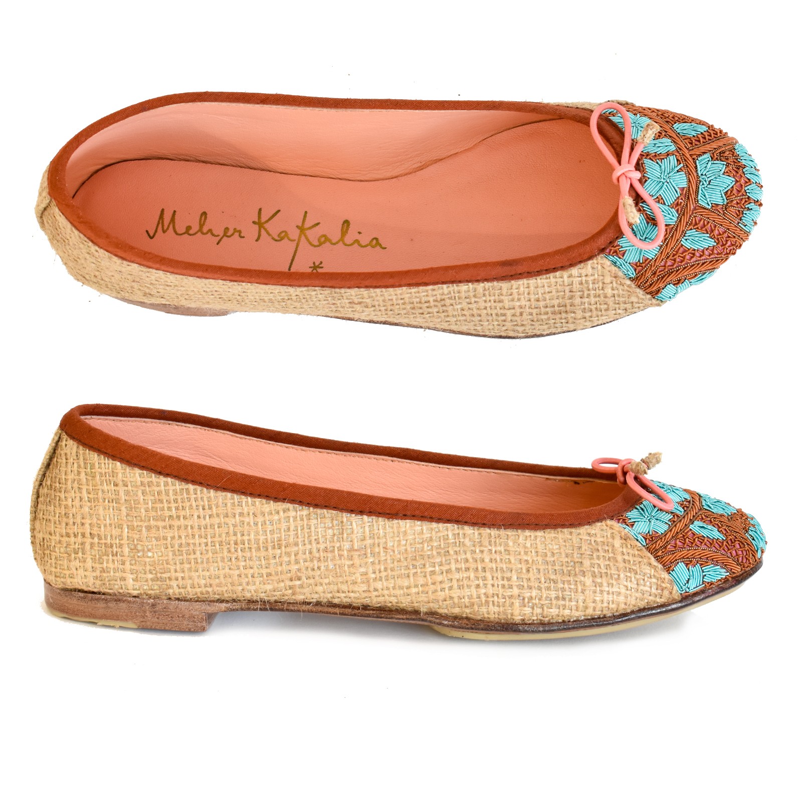 Meher Kakalia BIZI Ballet Flats in Natural Jute with Blue and Brown Hand Embroidered Toe Cap, Luxurious Resort Footwear