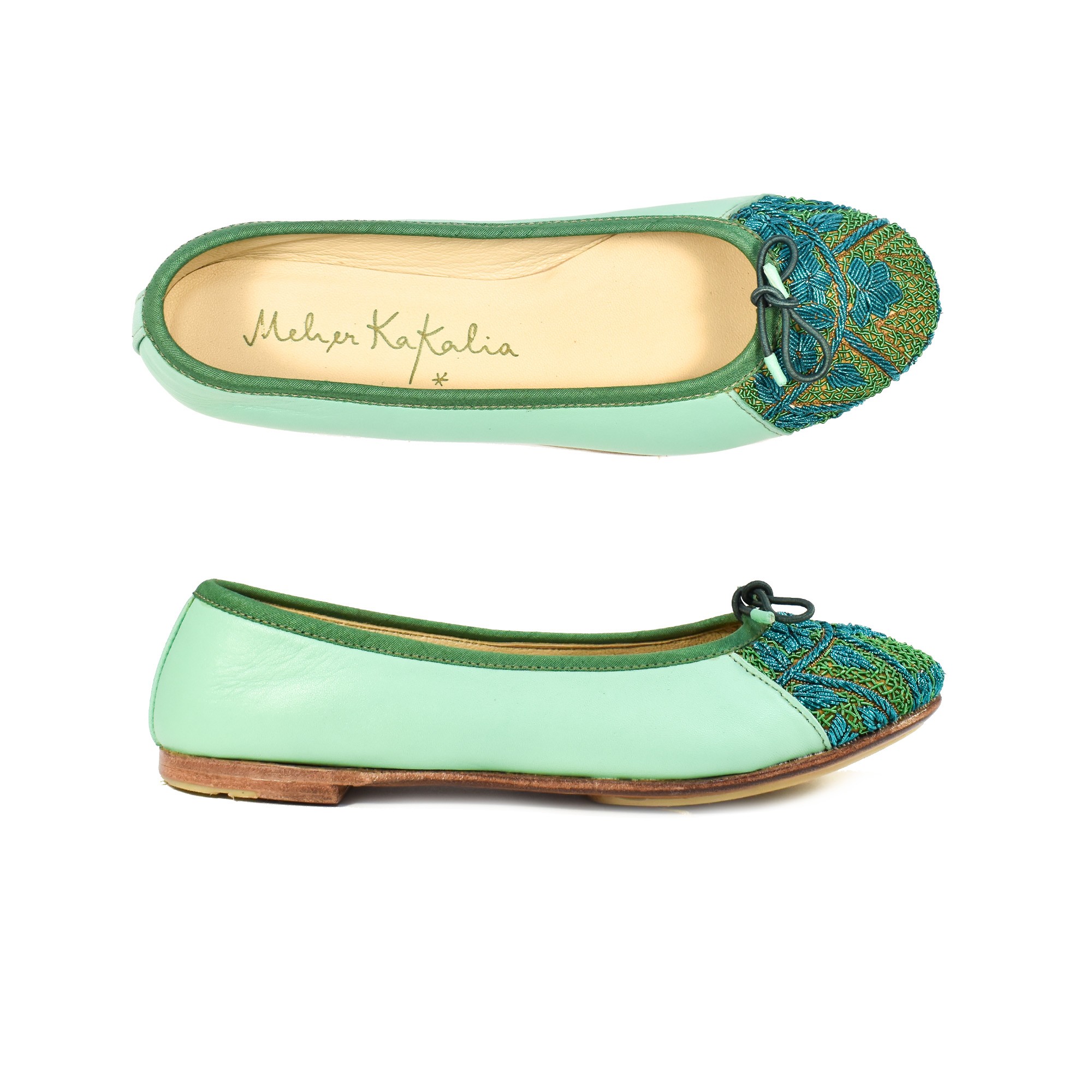 Meher Kakalia Hand-embroidered Ballet flats in mint green, made from eco-friendly leather, designed for ultimate comfort and style.