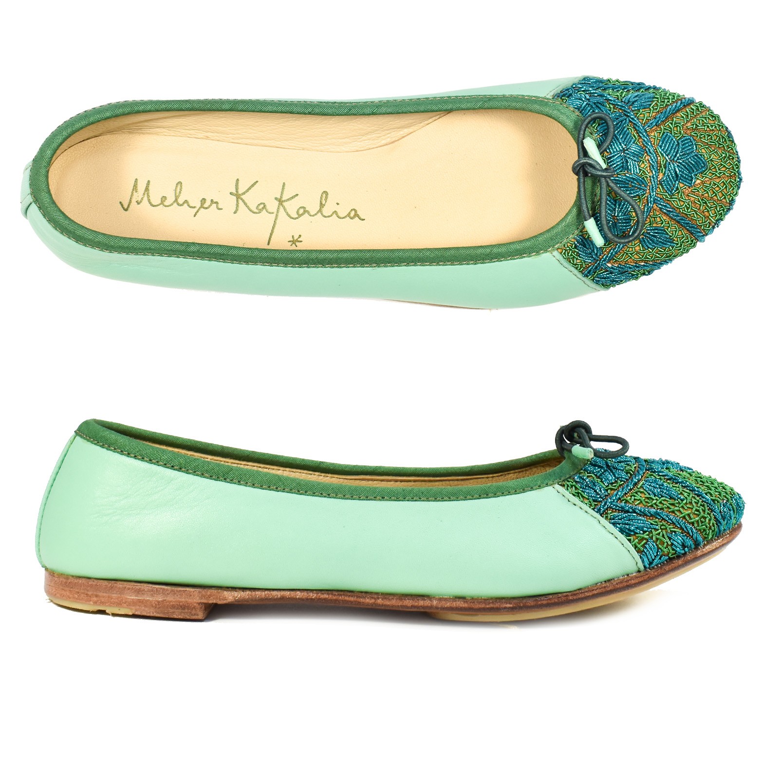 Hand-embroidered Ballet flats in mint green, made from eco-friendly leather, designed for ultimate comfort and style.