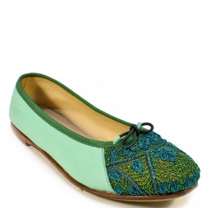 Sustainable and elegant PRIMA Ballerinas in mint green, featuring hand embroidery, and unique design.