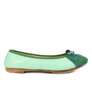 Handmade PRIMA Ballet flats in mint green with embroidery, perfect for summer wear and special occasions.