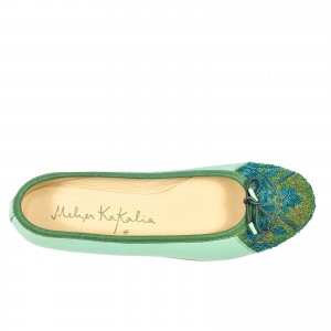 Eco-friendly Ballet flats in mint green with vibrant embroidery, handmade with sustainable materials for comfort and style.