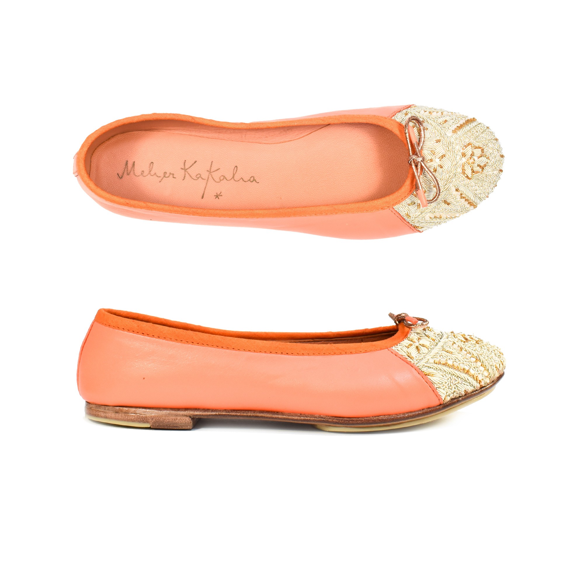 Meher Kakalia Hand-embroidered PRIMA Ballerinas in coral, made with eco-friendly nappa leather, perfect for a summer wardrobe.