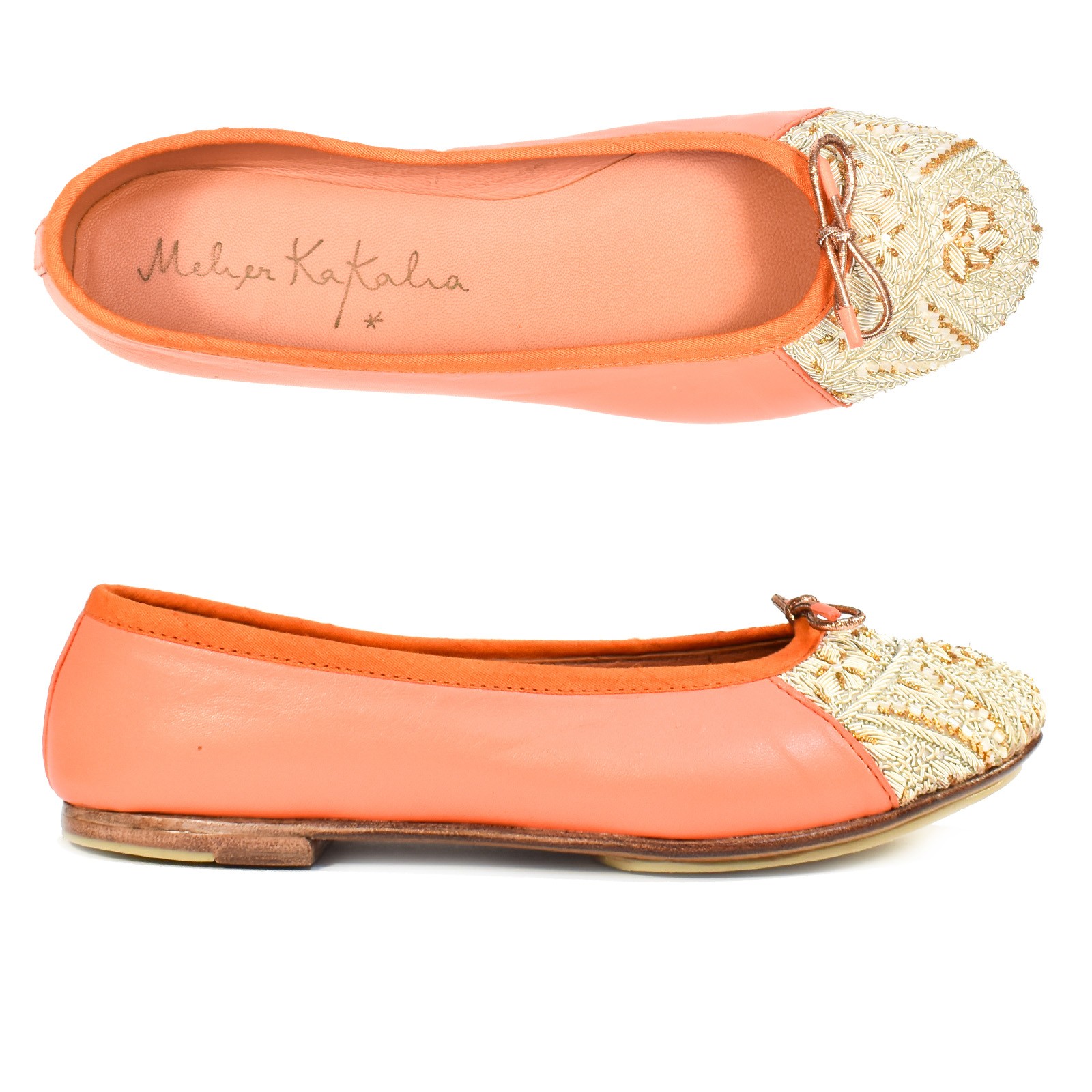 Hand-embroidered PRIMA Ballerinas in coral, made with eco-friendly nappa leather, perfect for a summer wardrobe.