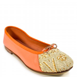 Handmade Meher Kakalia Ballet flats in coral, featuring unique embroidery and eco-friendly materials.