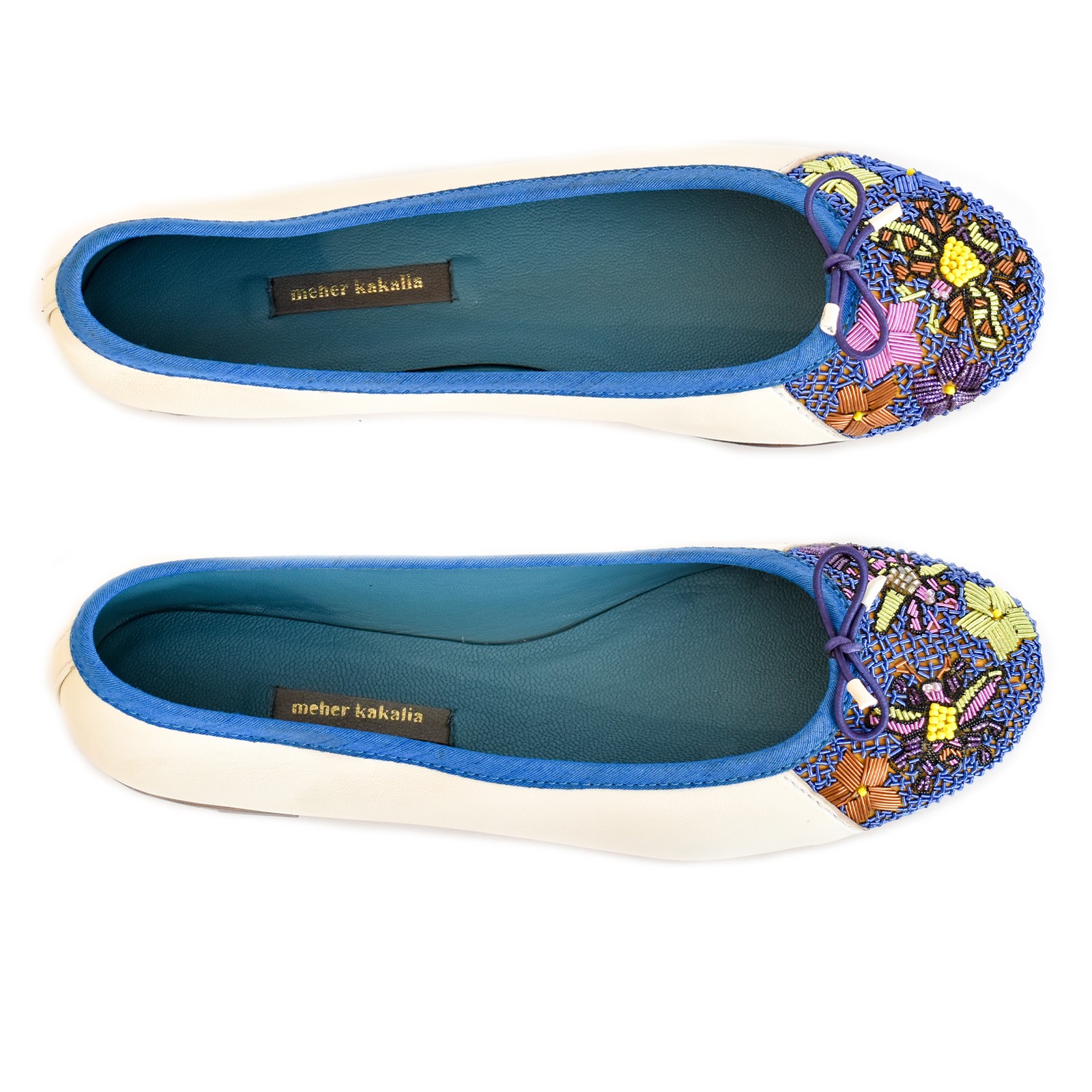 Handmade Queen Potnia Ballet in White-Blue with bee and flower embroidery. Luxurious eco-friendly leather flats.
