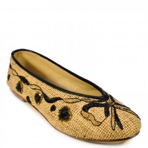 Sustainable Darcey Ballet flats by Meher Kakalia, with elegant hand-embroidered dapka on jute and leather trim.