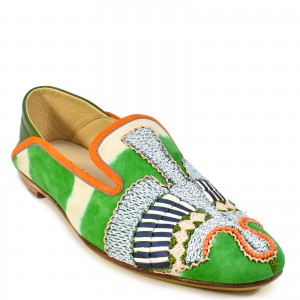 Green suede moccasins by Meher Kakalia with hand embroidery, eco-friendly, perfect for summer and holiday wear.