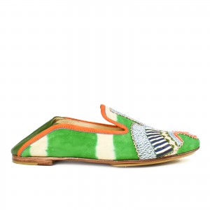 Meher Kakalia green moccasins with tie-dye suede and embroidery, stylish and eco-friendly for summer wear.