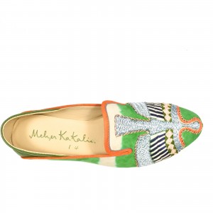 Meher Kakalia's luxurious tie-dye moccasins in green with detailed embroidery, perfect for a colourful, unique summer style.