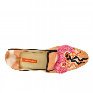 Handcrafted RIO moccasins with unique tie-dye leather and eco-friendly Raffia embroidery. Comfortable and chic.
