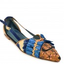 Meher KakaliaSustainable pointed flat slingback shoes with hand-embroidered metal coil dapka and raffia detail in blue-beige.