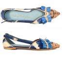 Meher KakaliaHandmade embroidered Greta Slingback featuring blue and beige tie-dye leather and recycled Raffia by Meher Kakalia.
