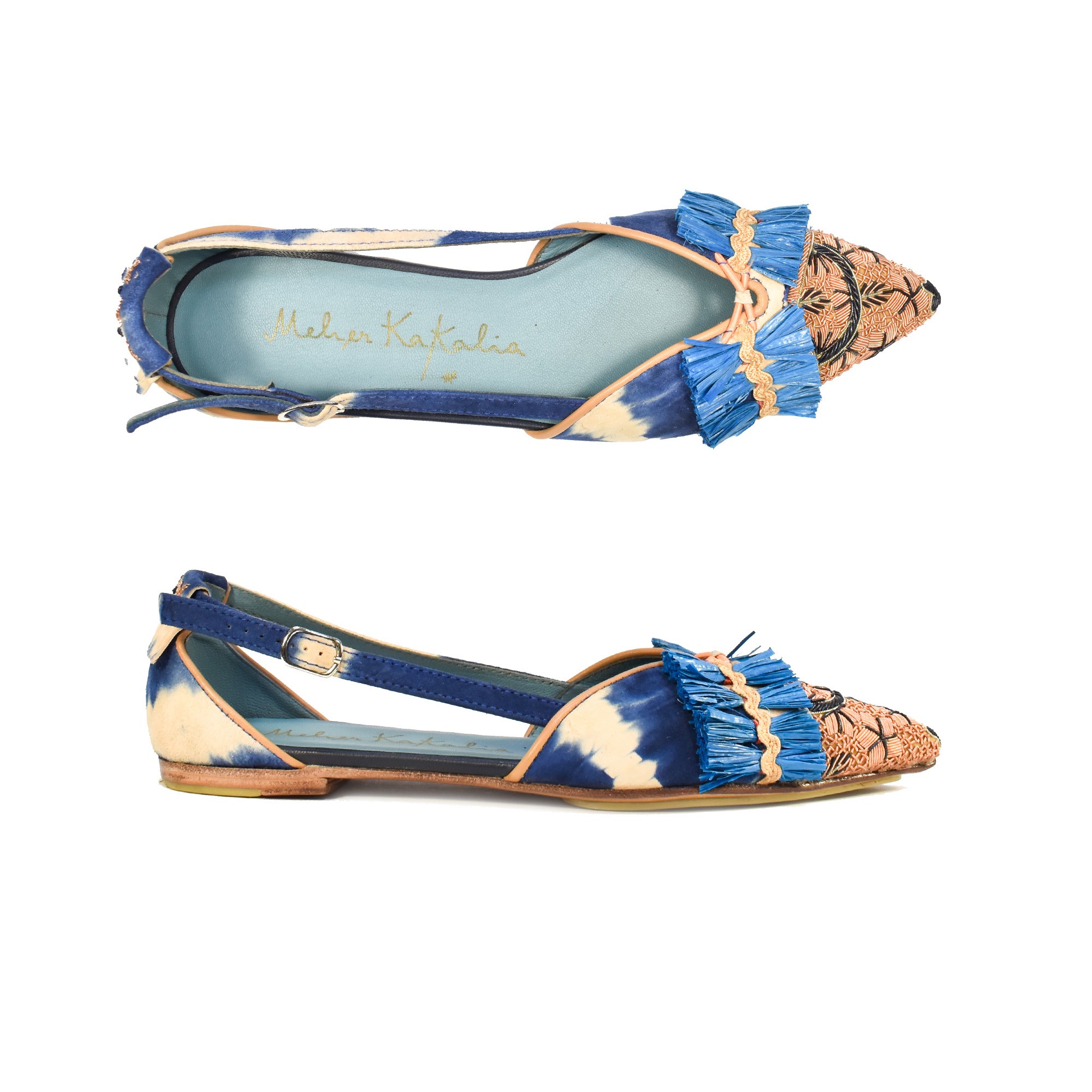 Meher Kakalia Handmade embroidered Greta Slingback featuring blue and beige tie-dye leather and recycled Raffia by Meher Kakalia.