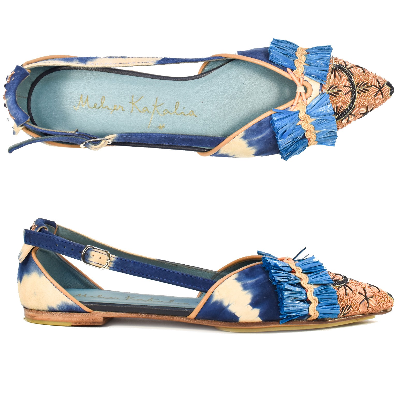 Handmade embroidered Greta Slingback featuring blue and beige tie-dye leather and recycled Raffia by Meher Kakalia.