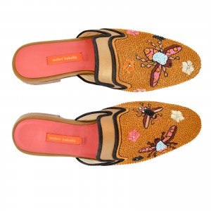 Meher Kakalia shoes-meher-kakalia Luxury embroidered slippers with floral designs, hand crafted using eco leather and metal coil embroidery.