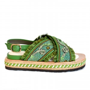 Meher Kakalia home DA GAMA BLOC Kelly Green-Parrot Sandal, Hand-Embroidered Goat Leather with Jute Platform