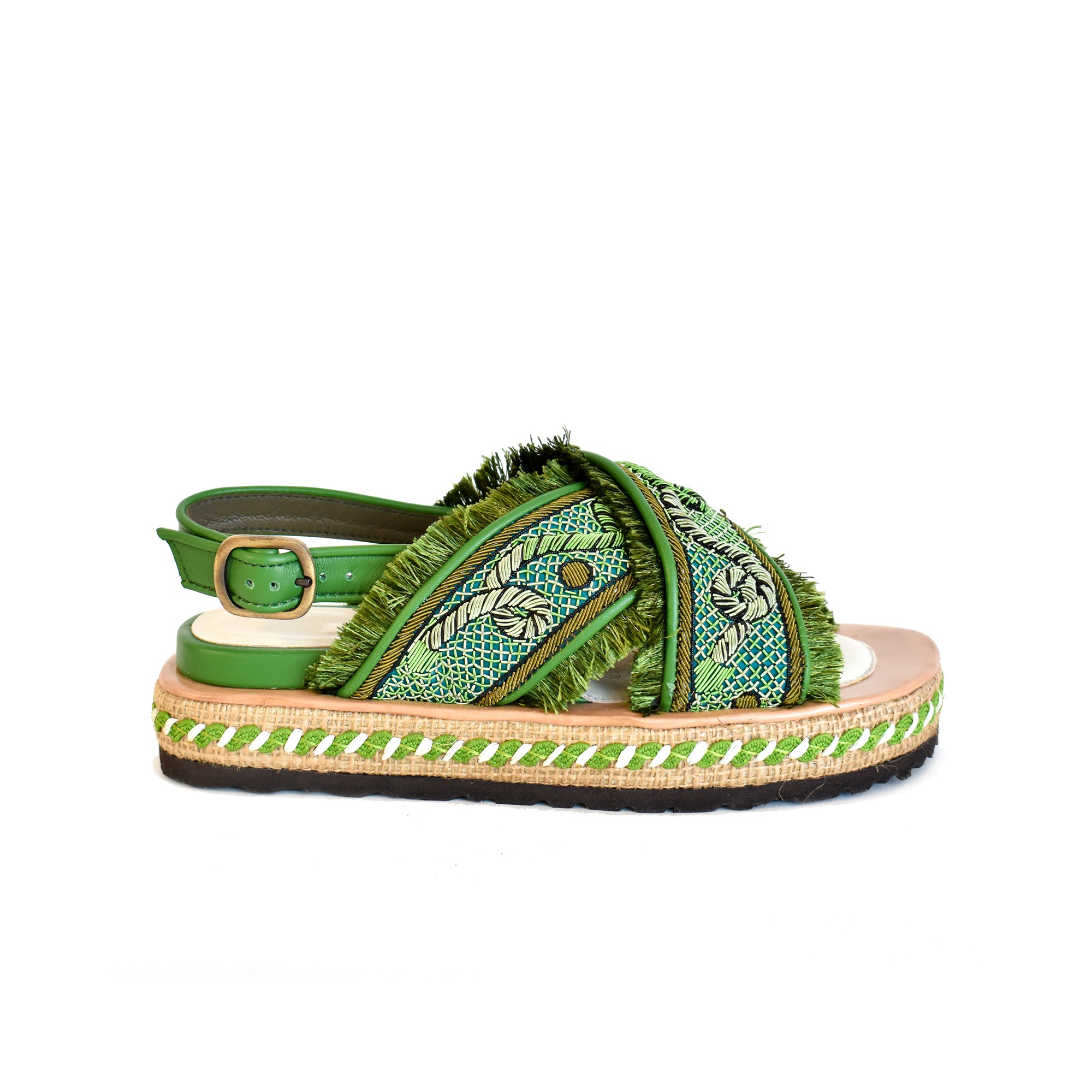 Meher Kakalia DA GAMA BLOC Kelly Green-Parrot Sandal, Hand-Embroidered Goat Leather with Jute Platform