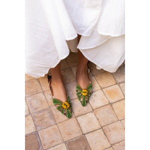 Elegant QUEEN DORIS SLINGBACK by Meher Kakalia, crafted with hand-embroidered coils and leather details for a luxurious look.