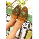 Meher KakaliaMeher Kakalia’s Darwin Slippers in suede spice-hina. Handmade eco leather slippers with turtle embroidery. Resort style luxury.