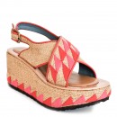 Meher KakaliaSide view of jute platform wedge with bold pink-red pattern and leather-lined insole.