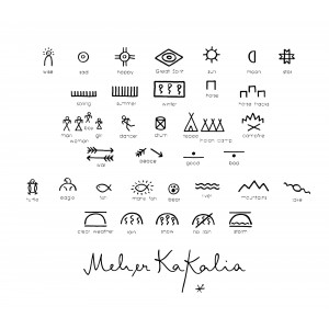 Meher Kakalia symbols translation chart, showcasing embroidered motifs like the sun, mountains, river, and Great Spirit eye.