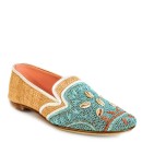 Meher KakaliaMeher Kakalia jute moccasins with turquoise embroidery and cowrie shells, ideal as elegant house shoes or for summer wear