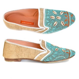 Meher Kakalia home Embroidered jute shoes by Meher Kakalia with real shells – chic flats for resort lounging or luxurious indoor wear